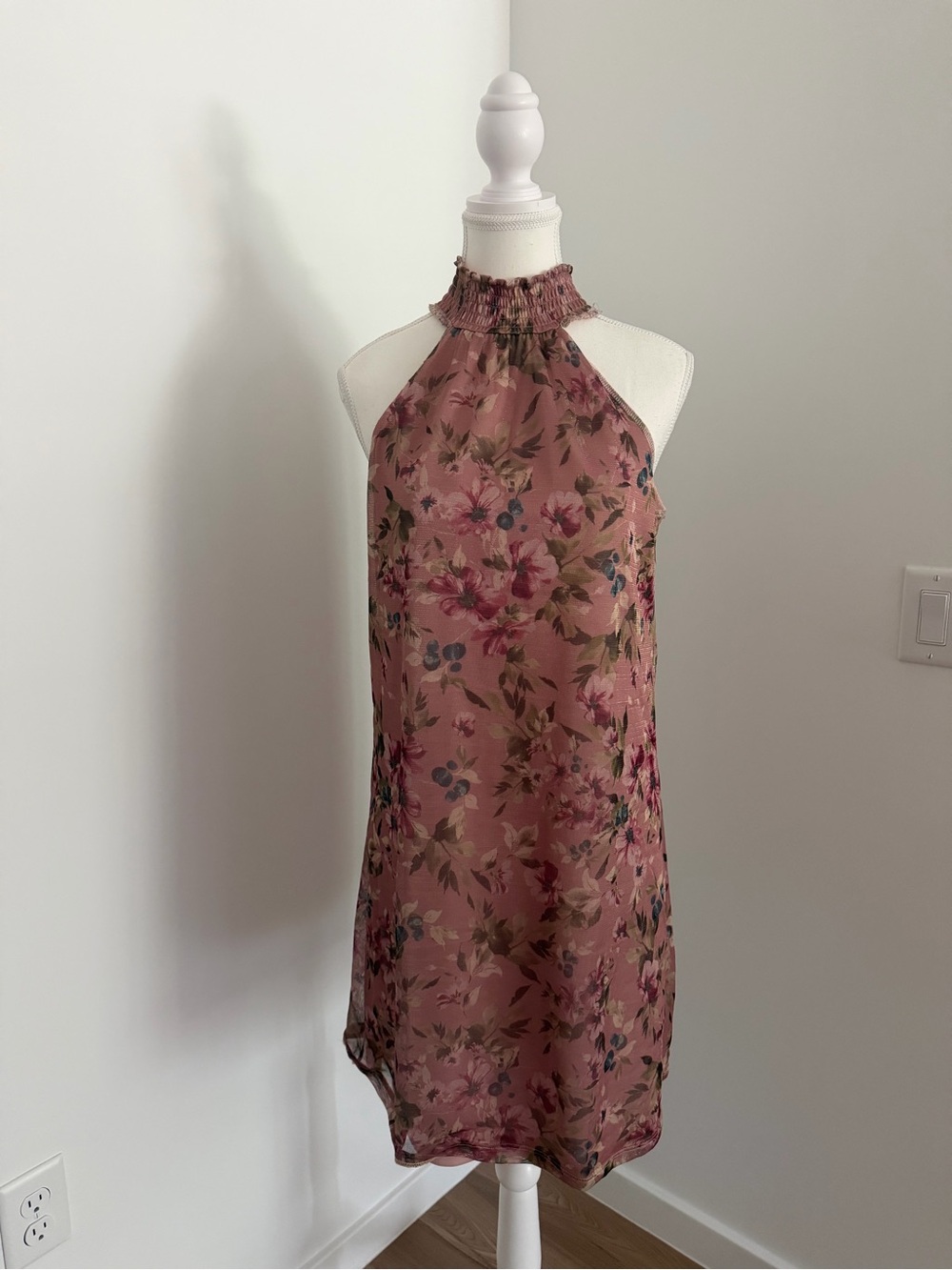 Nina Leonard Dusty Rose Floral Halter Mini Dress